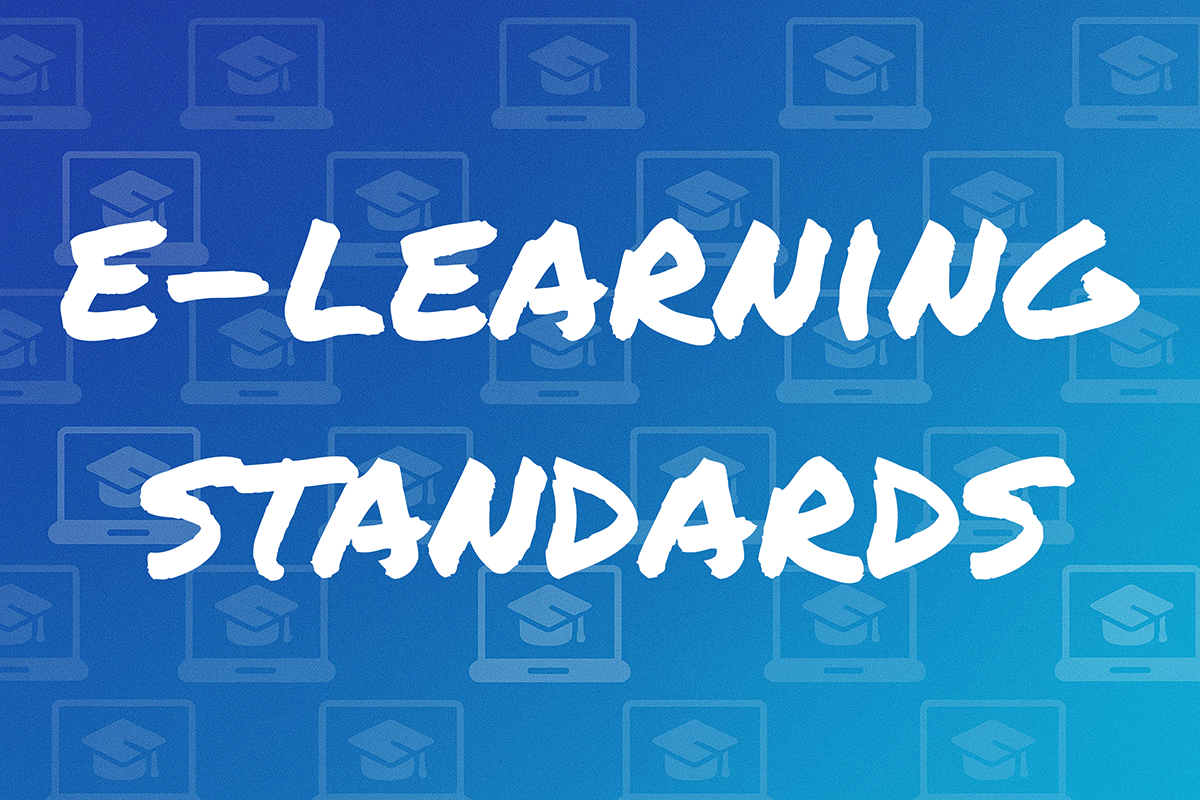 The text: e-learning standards on a colorful image with a pattern of laptops