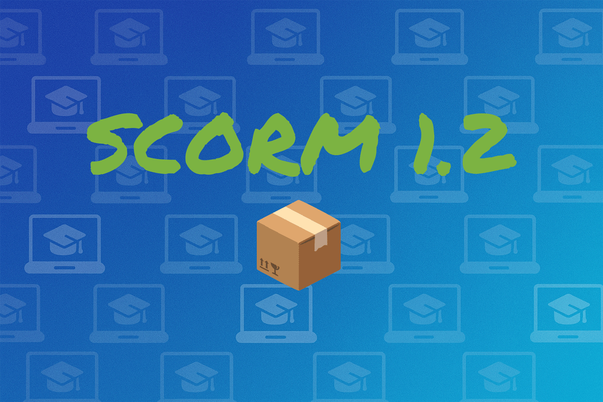 The text: SCORM 1.2 on a colorful image with a pattern of laptops
