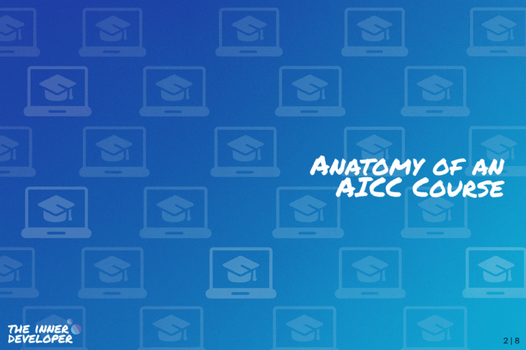 The text: Anatomy of an AICC Course on a colorful image with a pattern of laptops