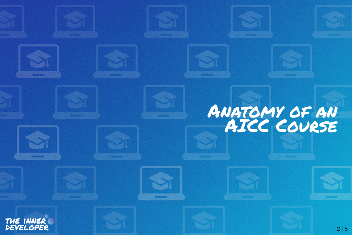 The text: Anatomy of an AICC Course on a colorful image with a pattern of laptops