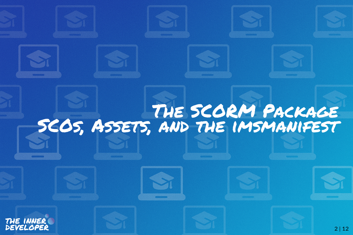 The text: The SCORM Package SCOs, Assets and the imsmanifesrt on a colorful image with a pattern of laptops