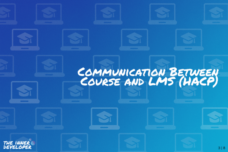 The text: Communication Between Course and LMS on a colorful image with a pattern of laptops