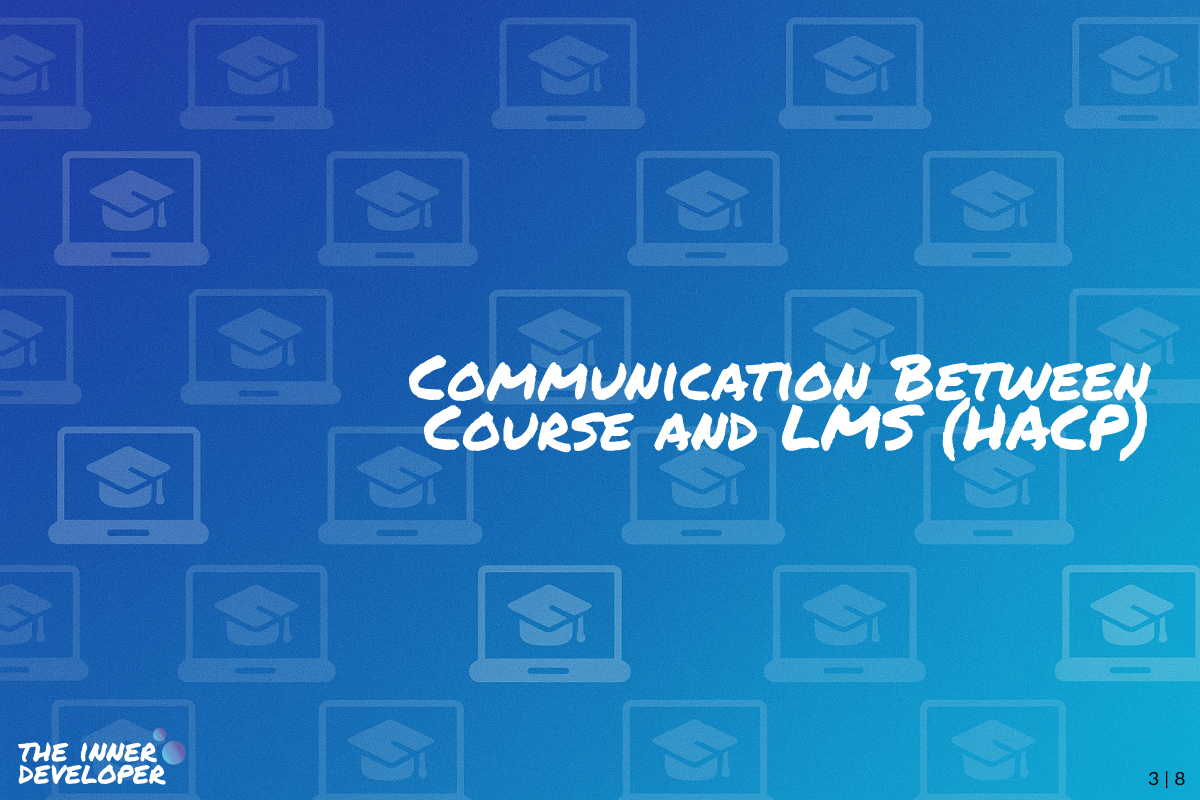 The text: Communication Between Course and LMS on a colorful image with a pattern of laptops