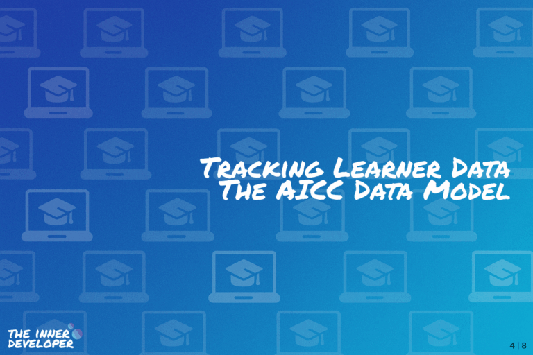 The text: Tracking Learner Data The AICC Data Model on a colorful image with a pattern of laptops