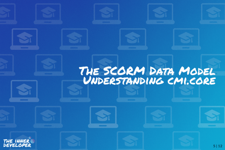 The text: The SCORM Data Model Understanding cmi.core on a colorful image with a pattern of laptops