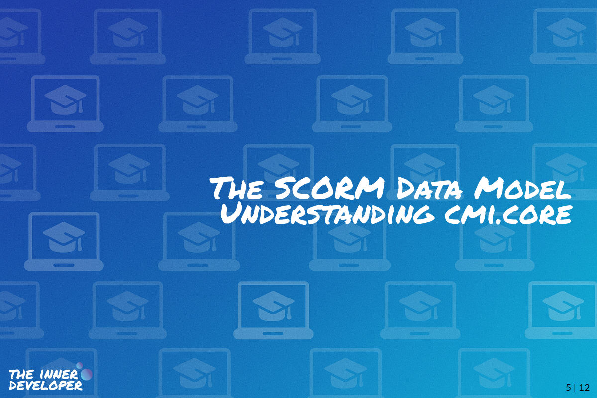 The text: The SCORM Data Model Understanding cmi.core on a colorful image with a pattern of laptops