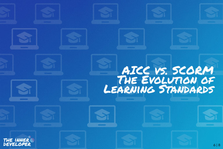 The text: AICC vs. SCORM The Evolution of Learning Standards on a colorful image with a pattern of laptops