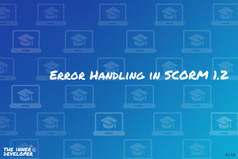 The text: Error Handling in SCORM 1.2 on a colorful image with a pattern of laptops