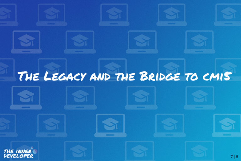 The text: The Legacy and the Bridge to cmi5 on a colorful image with a pattern of laptops