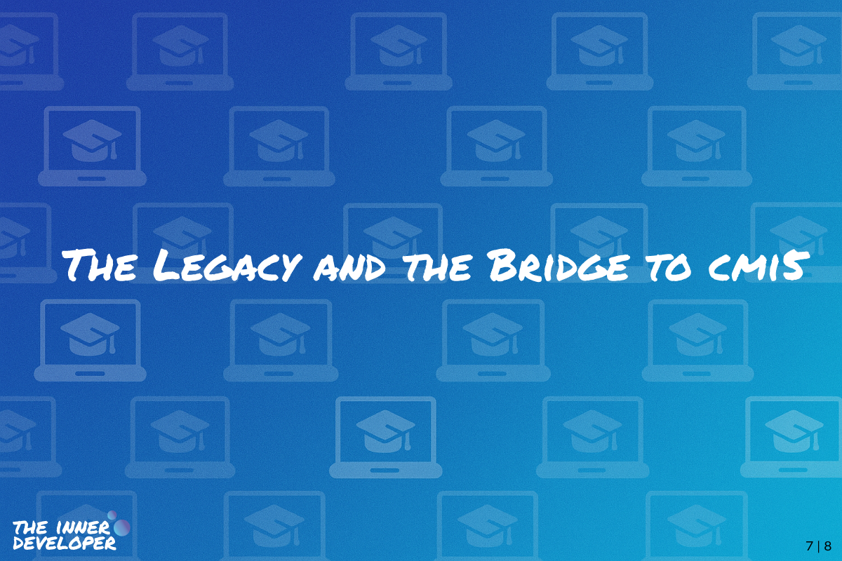 The text: The Legacy and the Bridge to cmi5 on a colorful image with a pattern of laptops