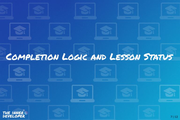 The text: Completion Logic and Lesson Status on a colorful image with a pattern of laptops