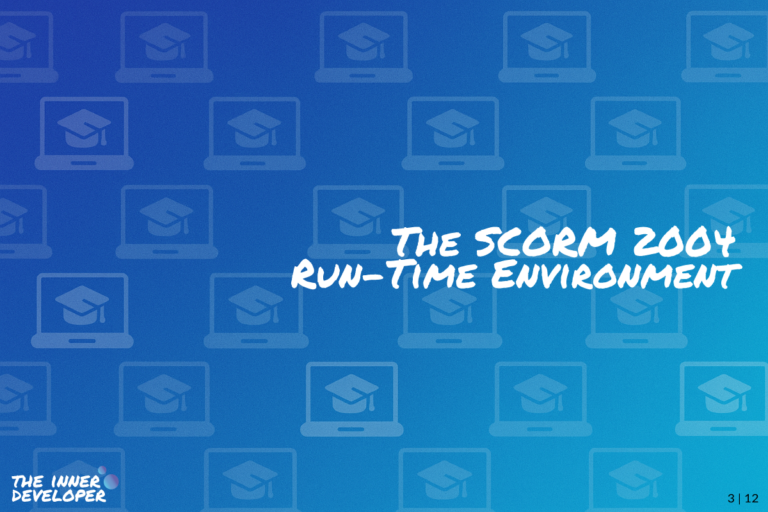 The text: The SCORM 2004 Run-Time Environment on a colorful image with a pattern of laptops