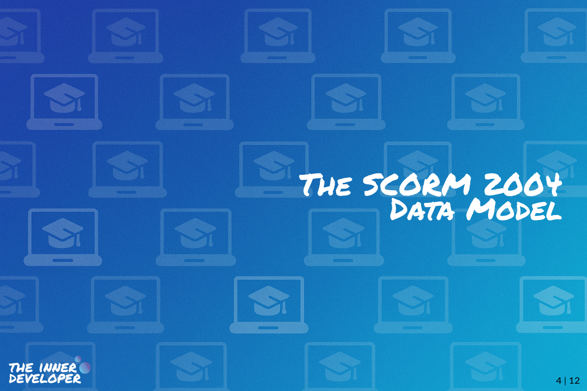 The text: The SCORM 2004 Data Model on a colorful image with a pattern of laptops