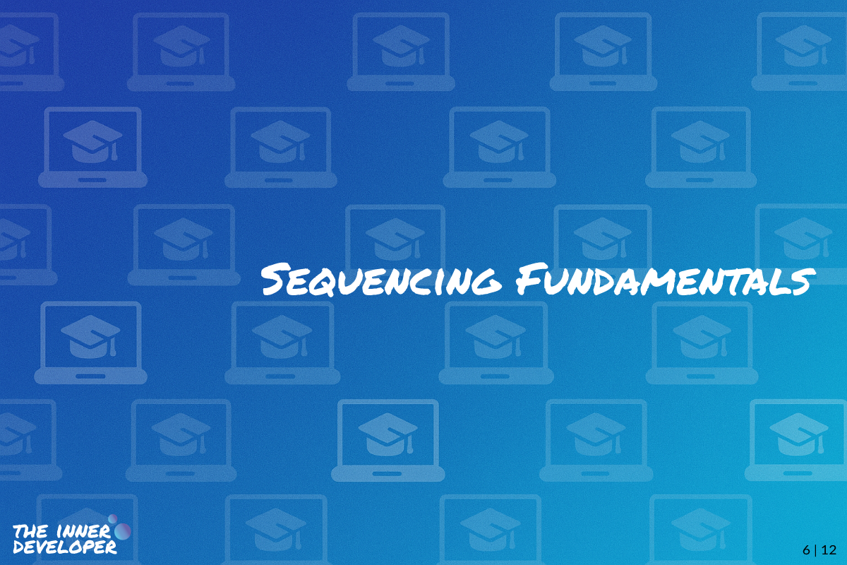 w06-sequencing-fundamentals The text: Sequencing Fundamentals on a colorful image with a pattern of laptops