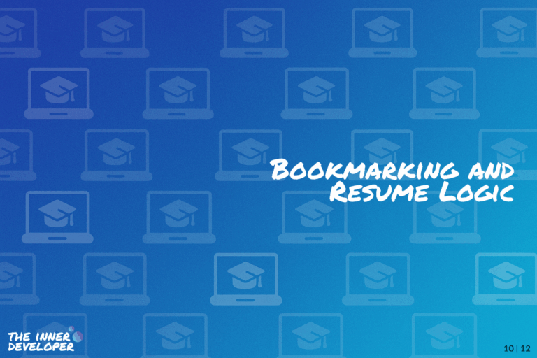 The text: Bookmarking and Resume Logic on a colorful image with a pattern of laptops