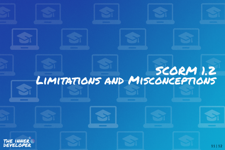 The text: SCORM 1.2 Limitations and Misconceptions on a colorful image with a pattern of laptops