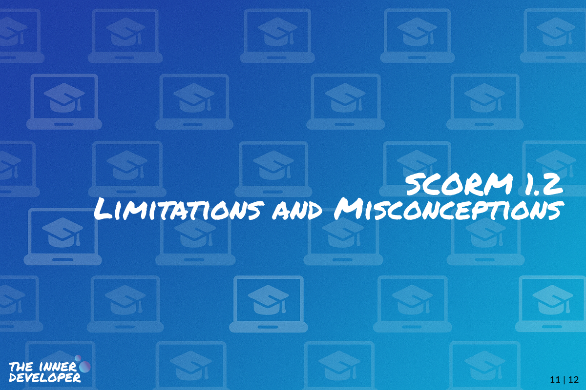 The text: SCORM 1.2 Limitations and Misconceptions on a colorful image with a pattern of laptops