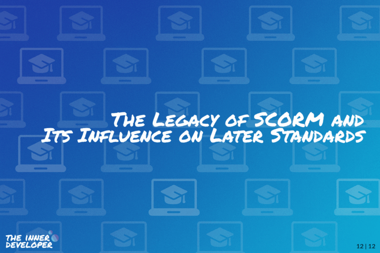 The text: The Legacy of SCORM and Its Influence on Later Standards on a colorful image with a pattern of laptops