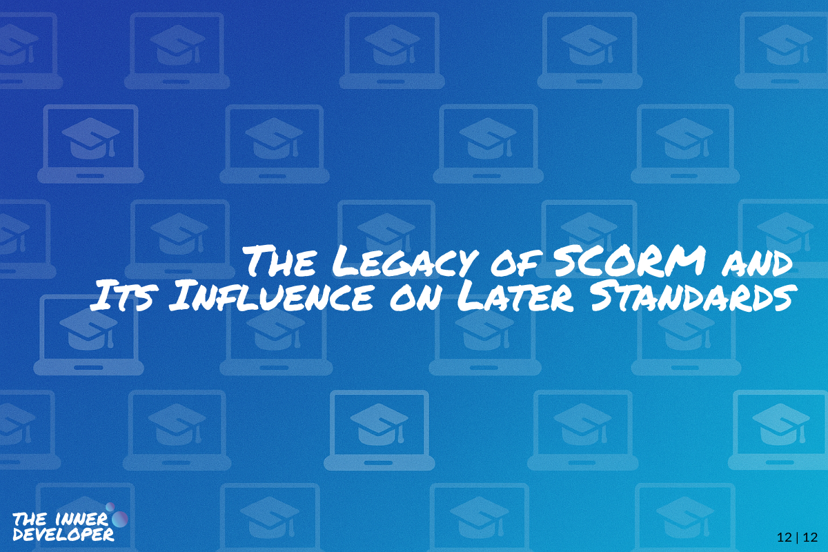 The text: The Legacy of SCORM and Its Influence on Later Standards on a colorful image with a pattern of laptops
