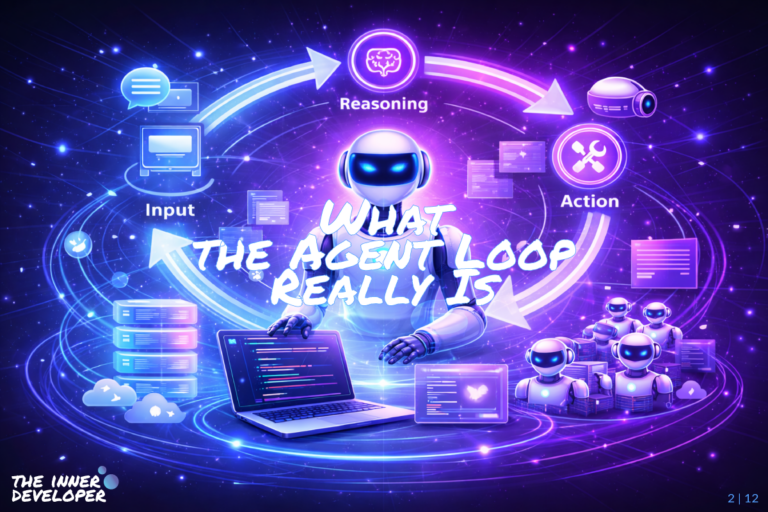 A Robot surrounded by the agent loop and a group of robots and a laptop and servers