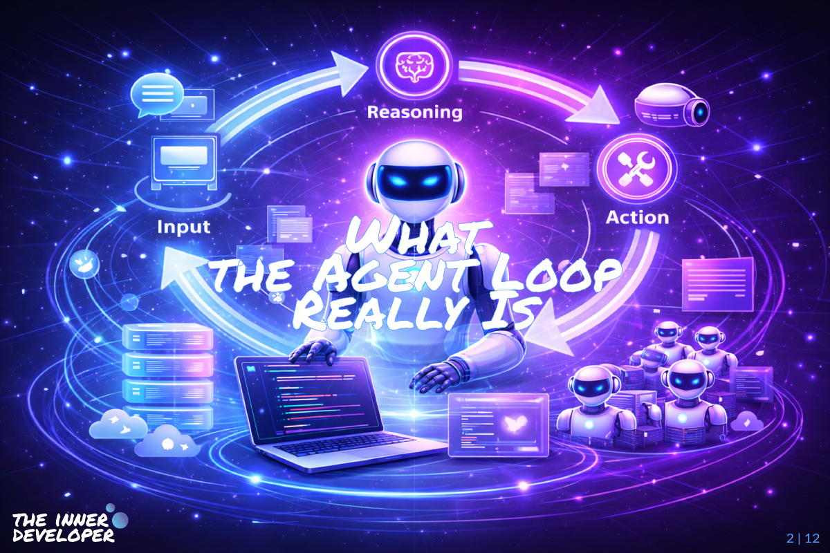 A Robot surrounded by the agent loop and a group of robots and a laptop and servers
