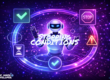 A Robot surrounded by check and warning signs
