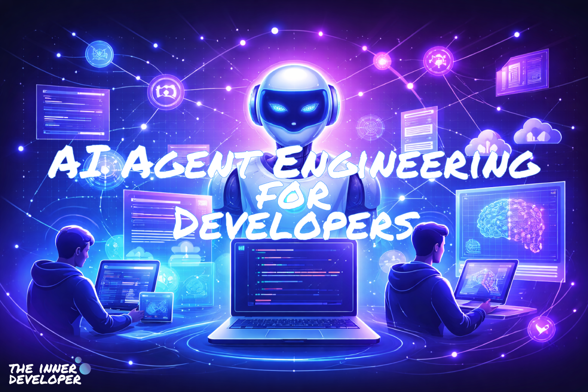 A drawing of a robot and 2 software developers with multiple screens representing the development of AI