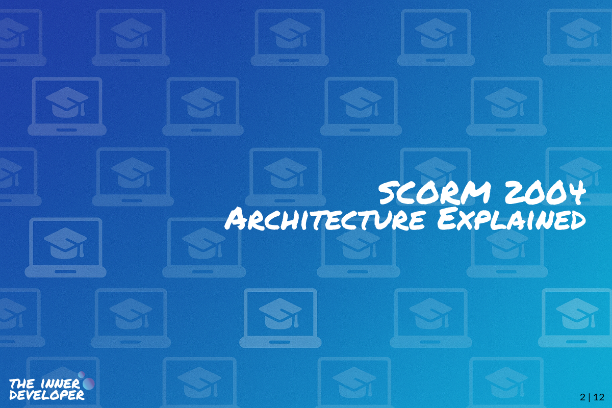 The text: SCORM 2004 Architecture Explained on a colorful image with a pattern of laptops