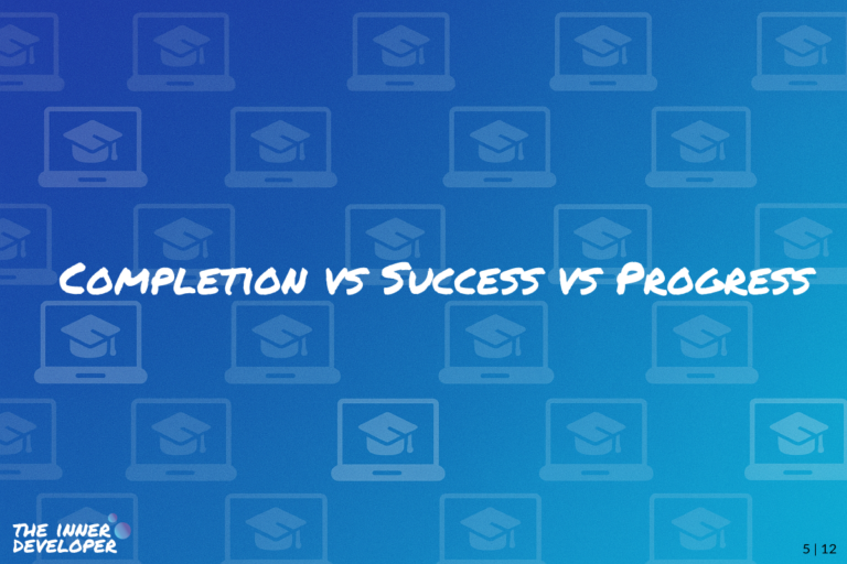 The text: Completion vs Success vs Progress on a colorful image with a pattern of laptops