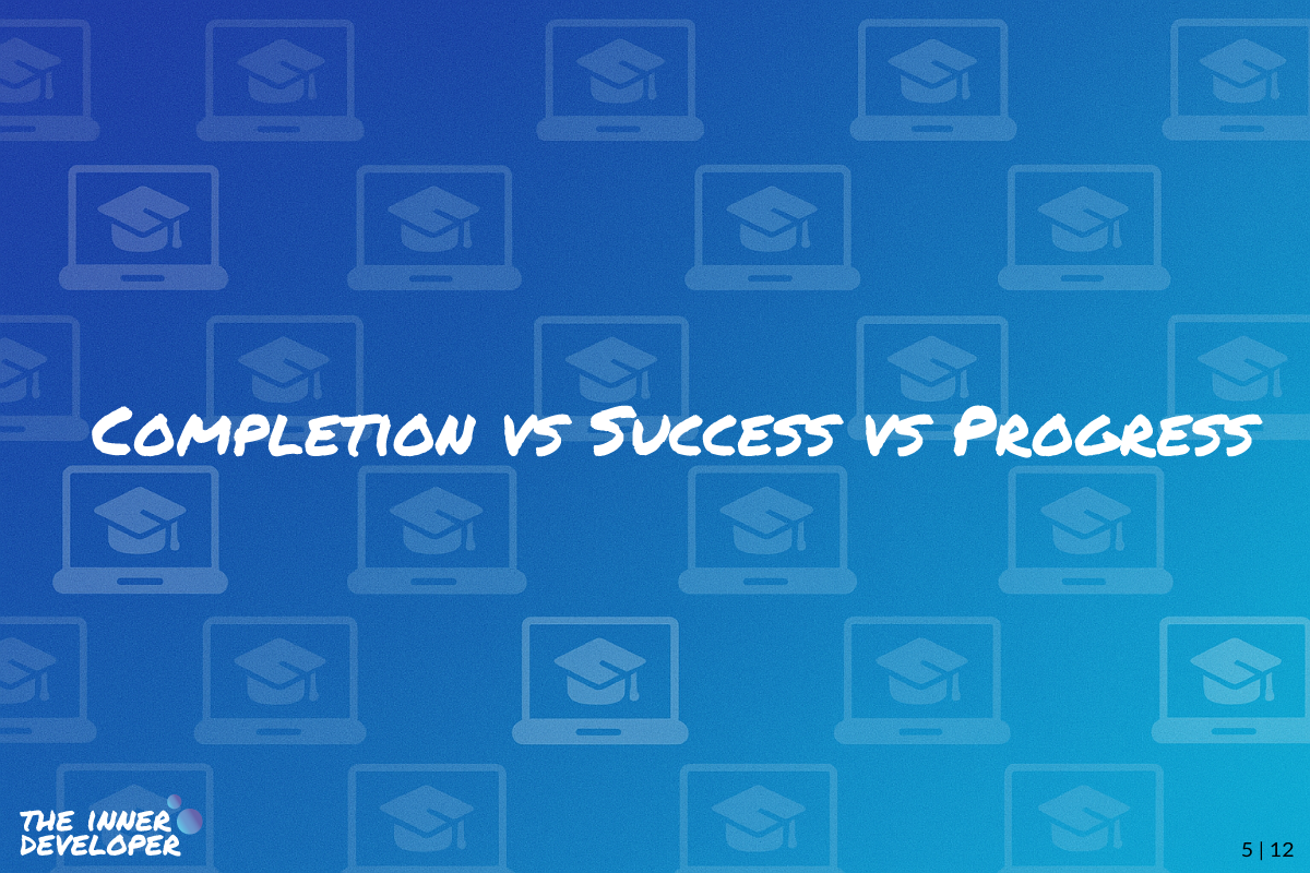 w05-completion-vs-success-progress The text: Completion vs Success vs Progress on a colorful image with a pattern of laptops