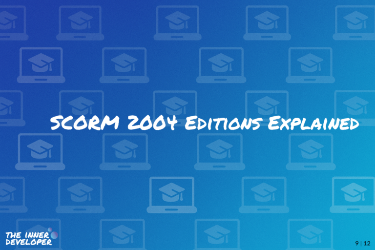 The text: SCORM 2004 Editions Explained on a colorful image with a pattern of laptops
