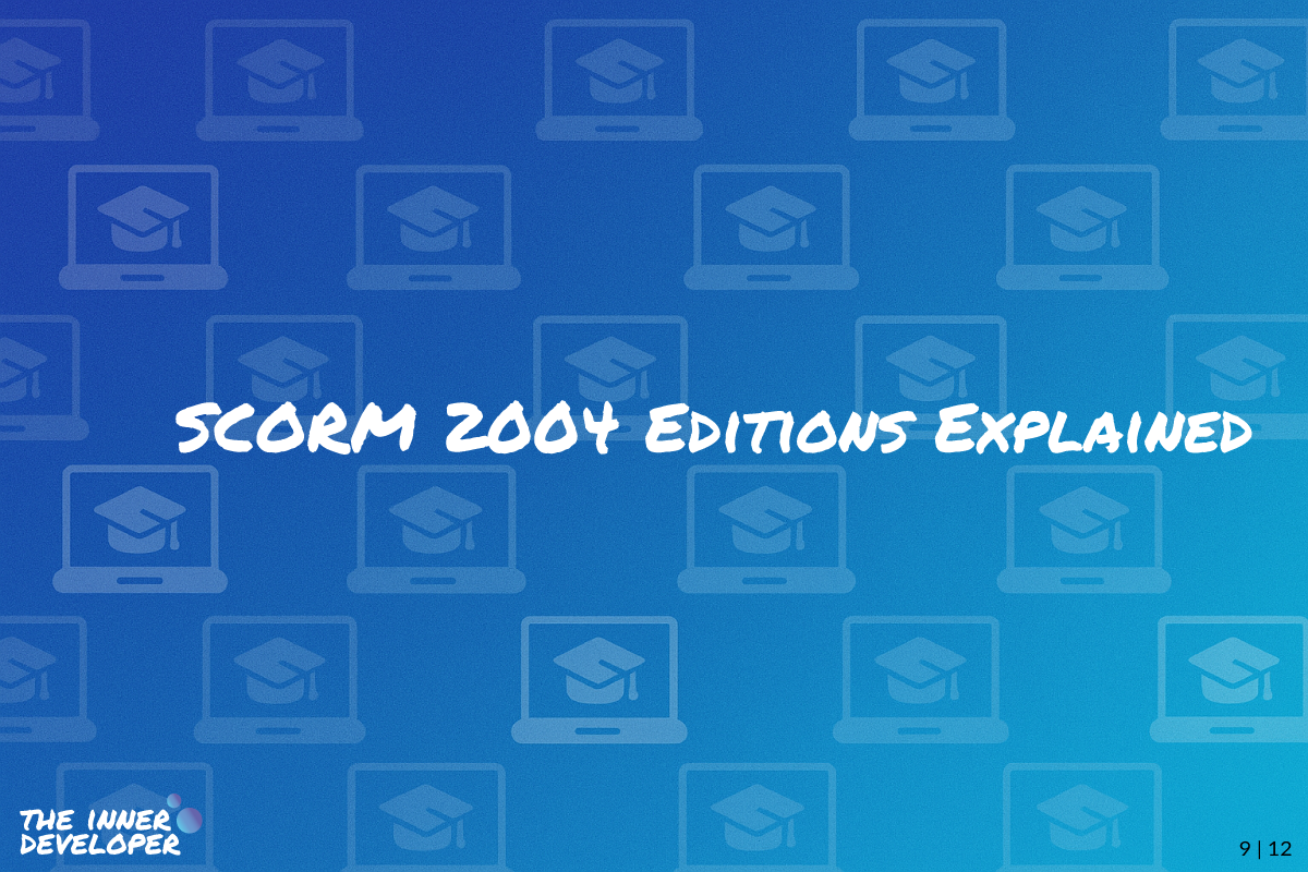w09-scorm-2004-editions The text: SCORM 2004 Editions Explained on a colorful image with a pattern of laptops