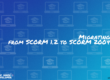 The text: Migrating from SCORM 1.2 to SCORM 2004 on a colorful image with a pattern of laptops