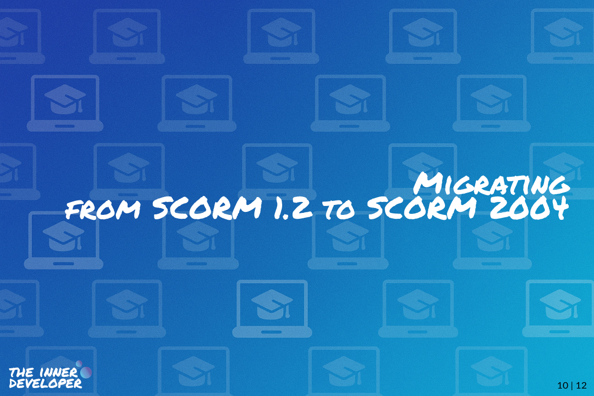 The text: Migrating from SCORM 1.2 to SCORM 2004 on a colorful image with a pattern of laptops