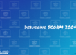 The text: Debugging SCORM 2004 on a colorful image with a pattern of laptops