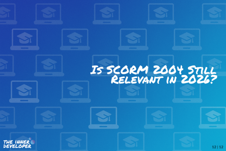 The text: Is SCORM 2004 Still Relevent in 2024? on a colorful image with a pattern of laptops