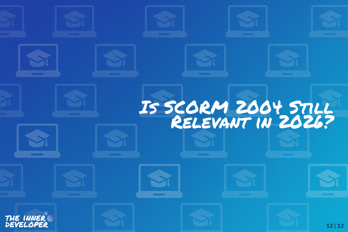 The text: Is SCORM 2004 Still Relevent in 2024? on a colorful image with a pattern of laptops