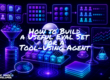Futuristic AI robot in a neon-lit environment organizing and evaluating glowing data cubes, surrounded by holographic panels showing datasets, evaluation steps, comparison metrics, and performance charts, representing the structured process of building and validating an evaluation set for a tool-using agent.