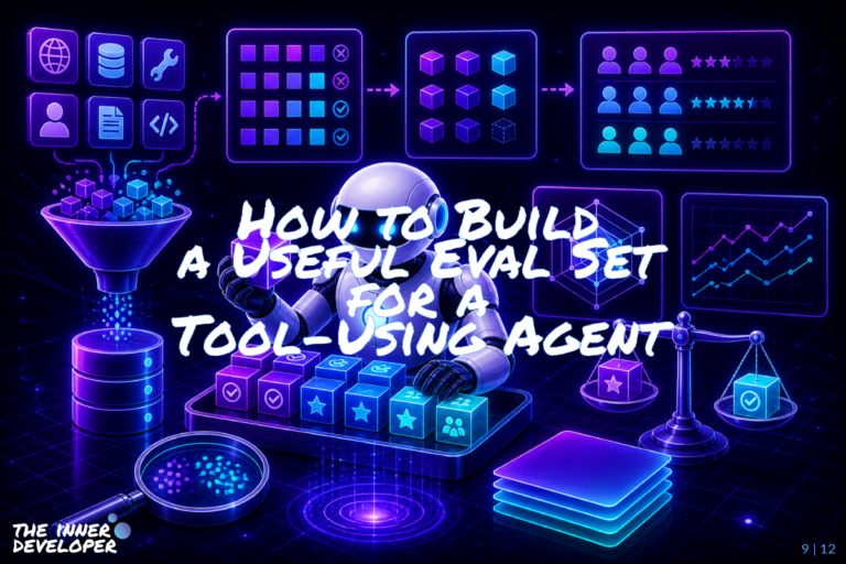Futuristic AI robot in a neon-lit environment organizing and evaluating glowing data cubes, surrounded by holographic panels showing datasets, evaluation steps, comparison metrics, and performance charts, representing the structured process of building and validating an evaluation set for a tool-using agent.