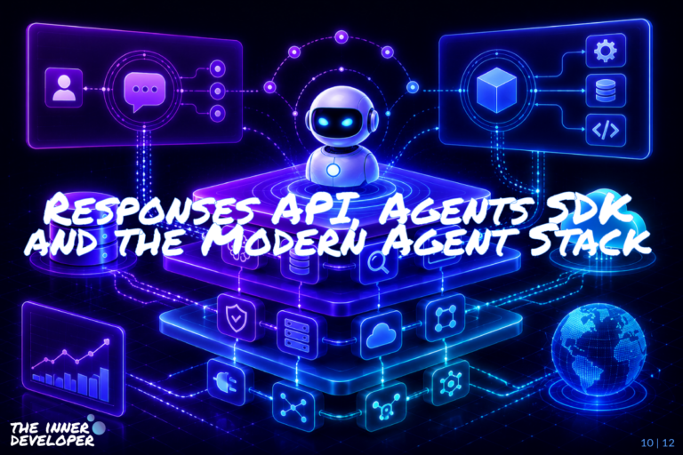 Futuristic neon-lit AI architecture scene showing a central robot assistant connected to layered platforms, cloud systems, databases, analytics dashboards, and modular service components through glowing data pathways, representing the modern AI agent stack built around orchestration, APIs, tools, memory, and runtime infrastructure.