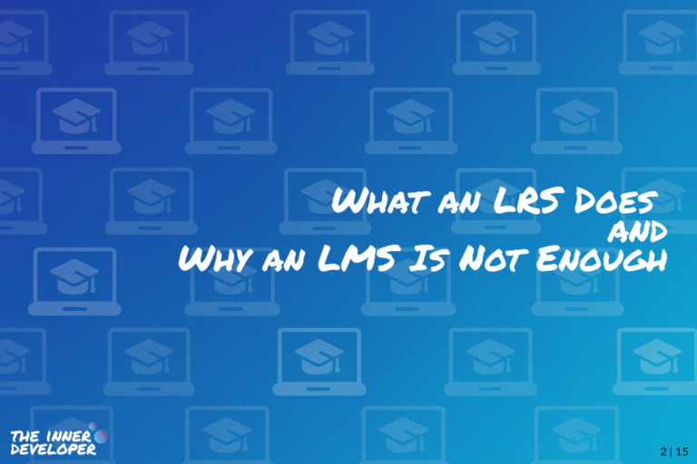 The text: What an LRS Does and Why an LMS is Not Enough on a colorful image with a pattern of laptops