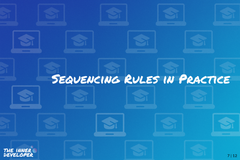The text: Sequencing Rules in Practice on a colorful image with a pattern of laptops