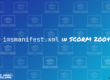 The text: imsmanifest.xml in SCORM 2004 on a colorful image with a pattern of laptops