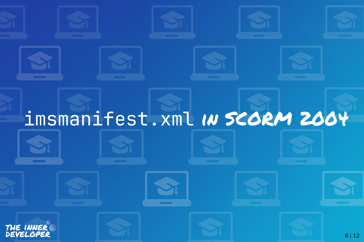 The text: imsmanifest.xml in SCORM 2004 on a colorful image with a pattern of laptops