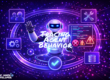 Robot surrounded by icons of settings, configuration, warning, check and database.