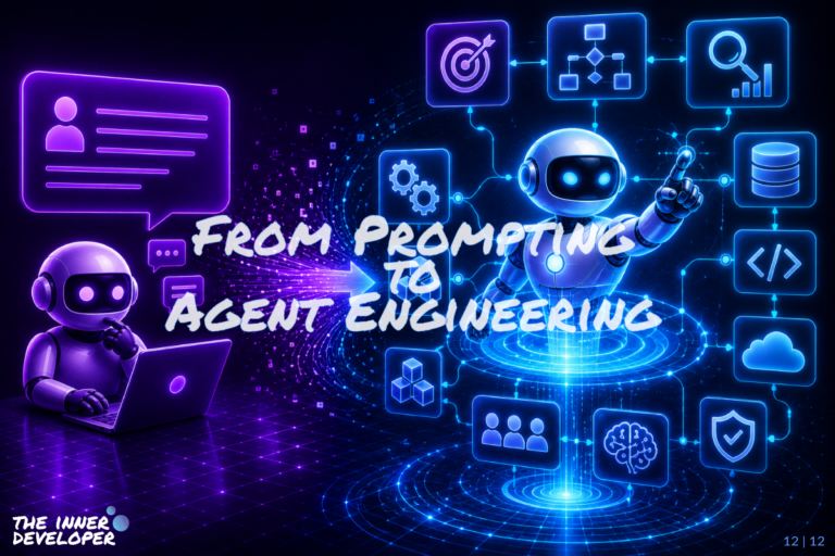 Futuristic split-scene illustrating the evolution from prompt-based AI interactions to agent engineering. On the left, a small robot works with a laptop and simple conversational interfaces, representing traditional prompting. On the right, a larger advanced AI agent operates within a network of interconnected systems, tools, workflows, memory, evaluation, and orchestration components. A glowing stream of energy bridges the two sides, symbolizing the transition from isolated prompts to structured, production-ready agent systems.