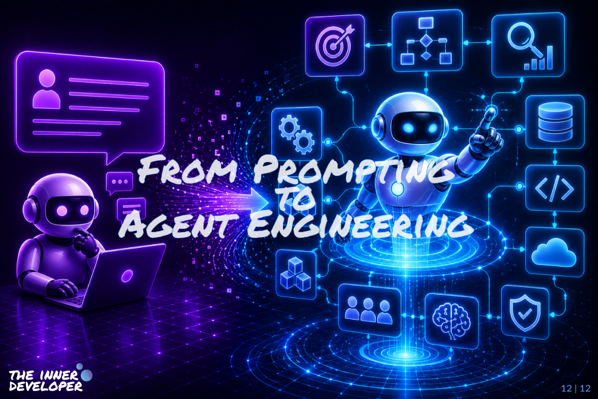 12-from-prompting-to-agent-engineering Futuristic split-scene illustrating the evolution from prompt-based AI interactions to agent engineering. On the left, a small robot works with a laptop and simple conversational interfaces, representing traditional prompting. On the right, a larger advanced AI agent operates within a network of interconnected systems, tools, workflows, memory, evaluation, and orchestration components. A glowing stream of energy bridges the two sides, symbolizing the transition from isolated prompts to structured, production-ready agent systems.