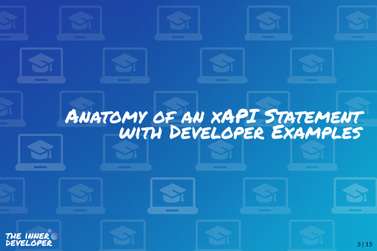 w03-anatomy-of-an-xapi-statement The text: Anatomy of an xAPI Statement with Developer Examples on a colorful image with a pattern of laptops