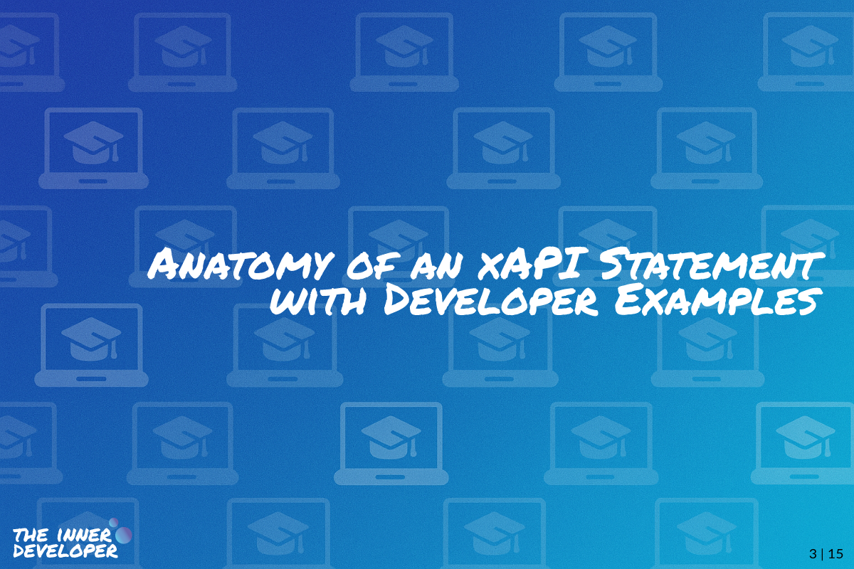 The text: Anatomy of an xAPI Statement with Developer Examples on a colorful image with a pattern of laptops