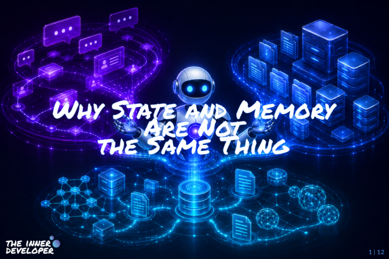 01-ai-agents-memory A friendly futuristic robot orchestrates three connected AI systems: flowing conversation state on the left, structured memory storage on the right, and external knowledge sources below, all linked by glowing violet, blue, and cyan data streams.